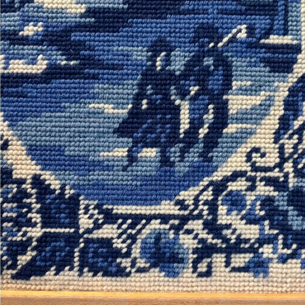 Vintage Blue Cross-Stitch Scenic Winter Art in Wooden Frame - Picture 12 of 16